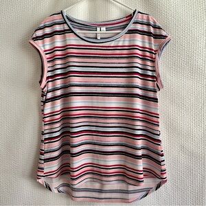 Elle Womenโs Blue Pink White Striped Short Sleeve Work Blouse Size: Large